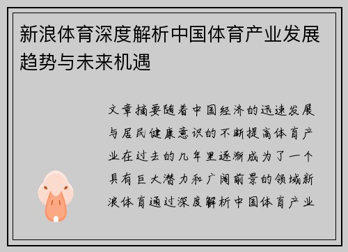 新浪体育深度解析中国体育产业发展趋势与未来机遇