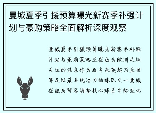 曼城夏季引援预算曝光新赛季补强计划与豪购策略全面解析深度观察 曼城夏季引援预算曝光新赛季补强计划与豪购策略全面解析深度观察